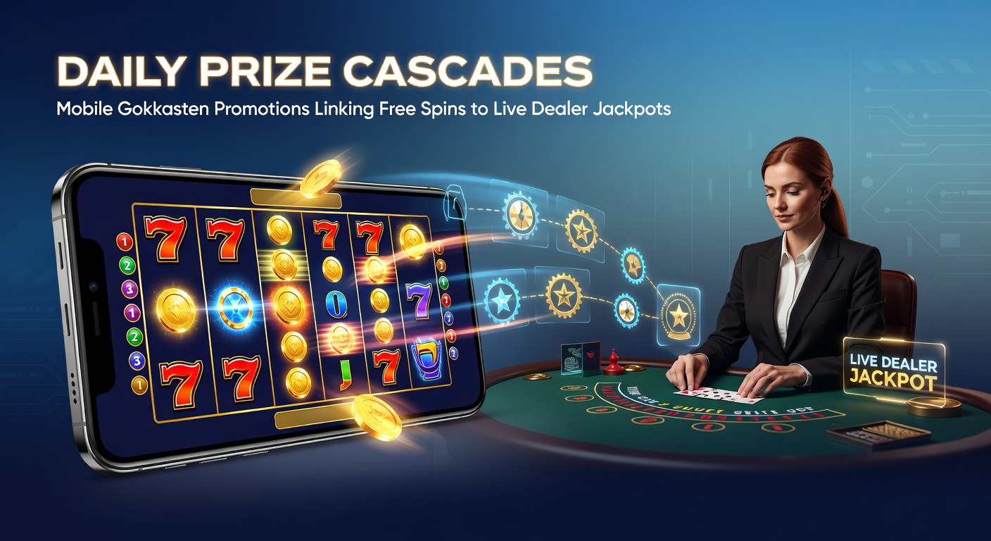 Mobiel scherm met cascade-effect in gokkast promotie, free spins die leiden naar live dealer jackpot