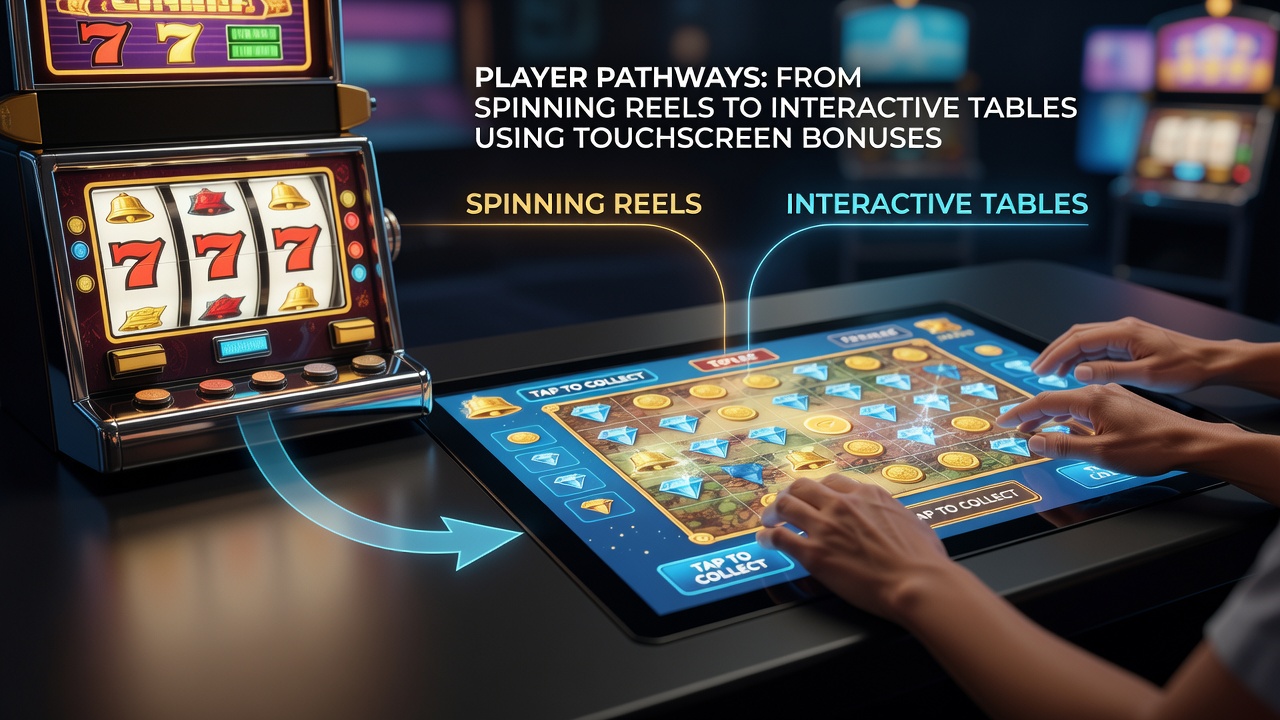 Illustratie van mobiele touchscreen interfaces die gokkasten met live dealer tafels verbinden via bonusmechanismen