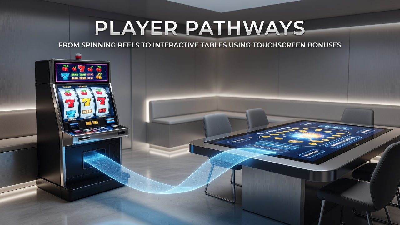 Diagram van spelerstrajecten waarbij touchscreen bonussen reels verbinden met live casino tafels