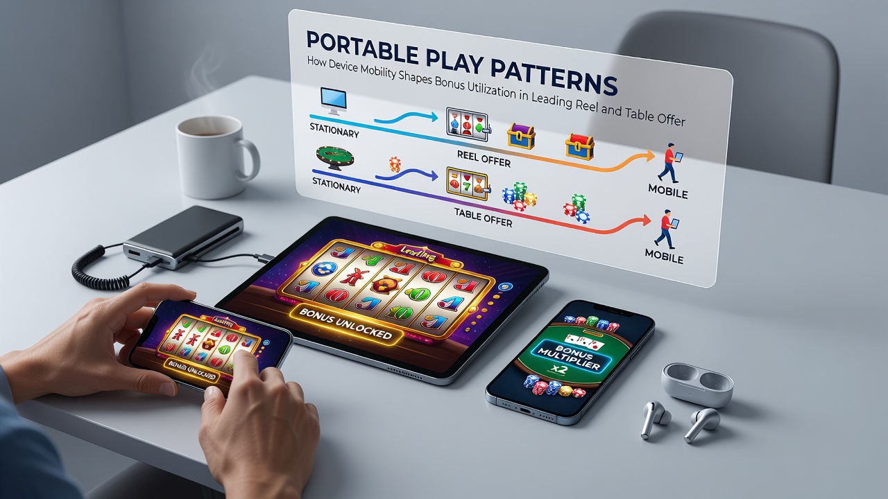 Grafiek die bonusbenutting vergelijkt tussen smartphones, tablets en desktops in reel- en tafelspellen
