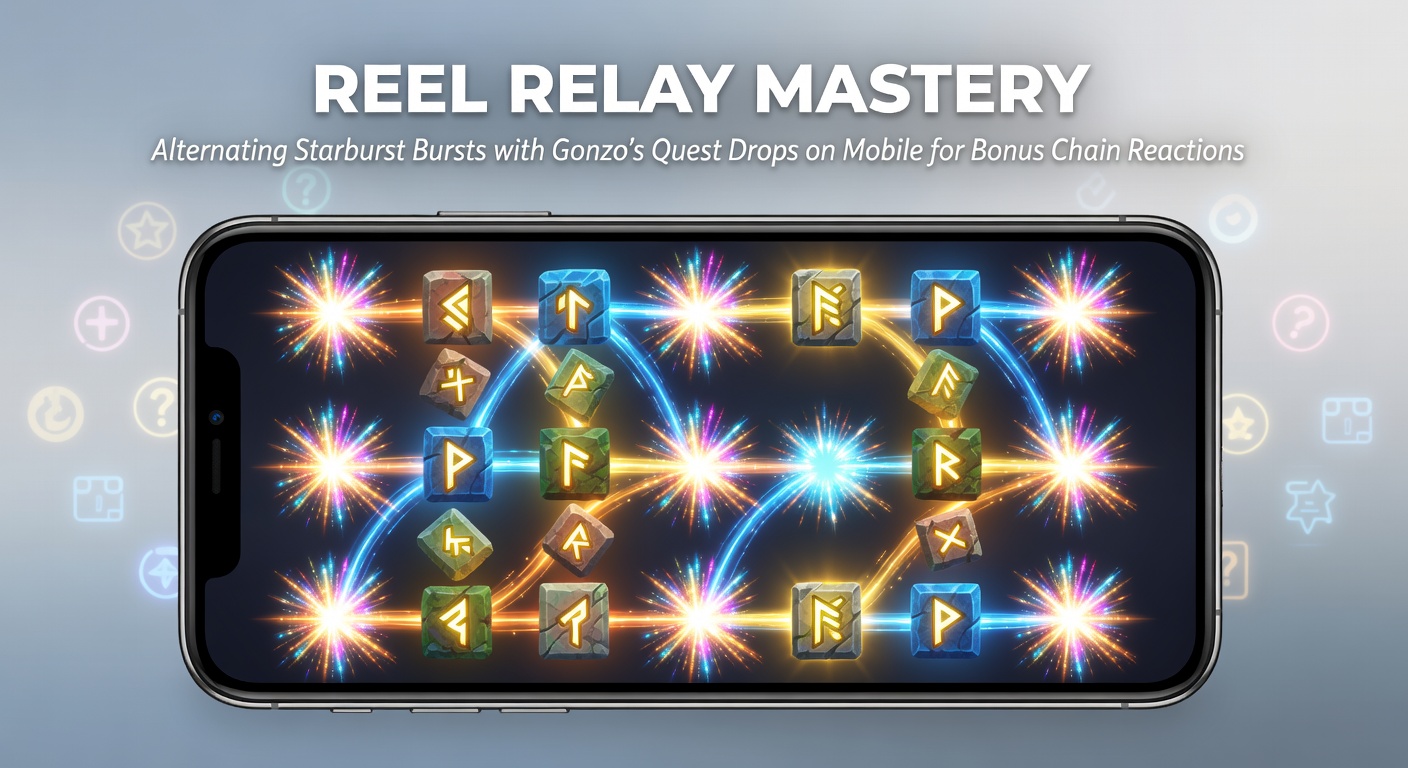 Mobiel scherm met Starburst en Gonzo's Quest slots naast elkaar, illustrerend reel relay afwisseling