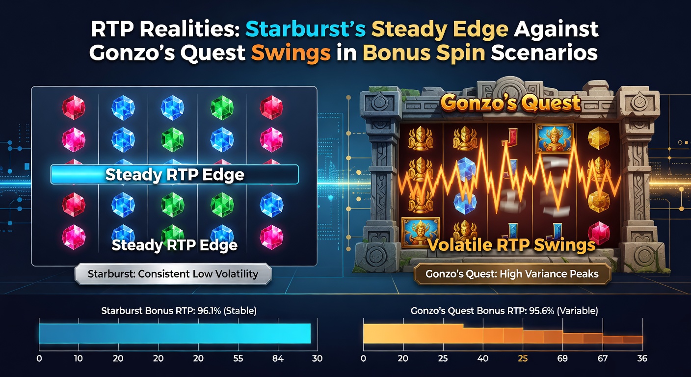 Grafiek die RTP-vergelijking toont tussen Starburst en Gonzo's Quest tijdens bonus spins, met stabiele lijnen voor Starburst en volatielere pieken voor Gonzo