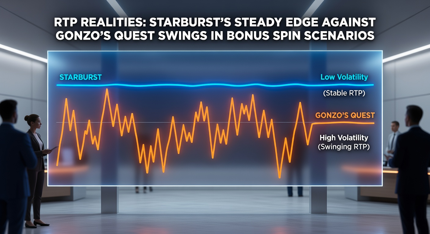Vergelijkende grafiek van bonus spin uitkomsten, met Starburst's vlakke curve en Gonzo's Quest's pieken en dalen over 1000 simulaties