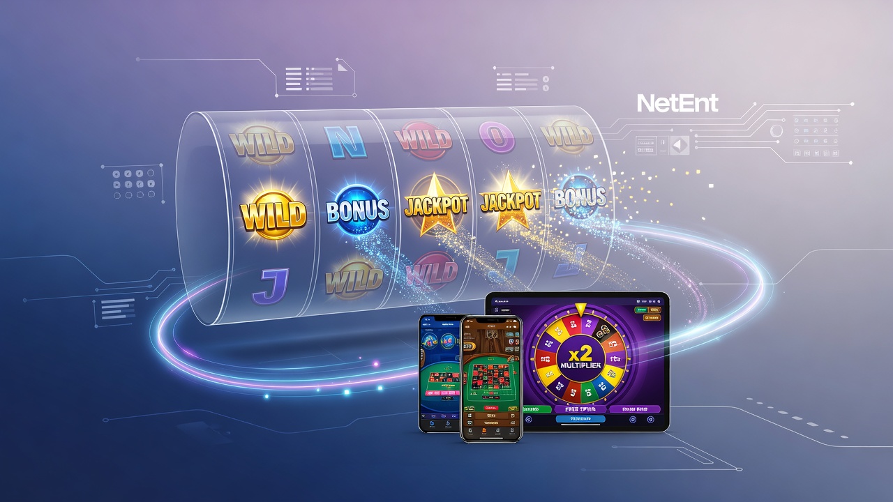 NetEnt reel sets met symbolen die synergie tonen tussen mobiele slots en live casino integraties