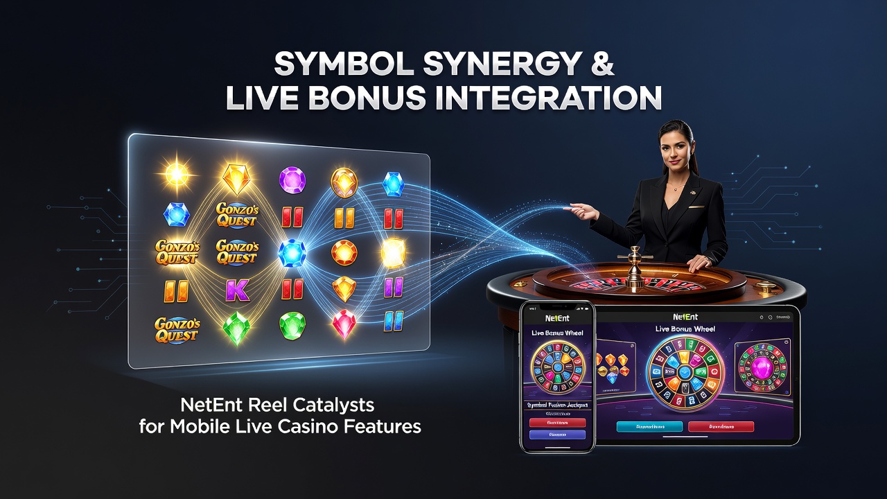 Mobiele interface met NetEnt symbolen die live casino bonussen activeren via reel synergie