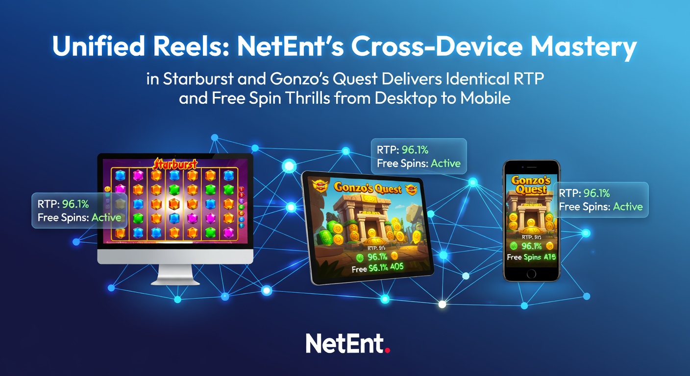 Schermafbeeldingen van Starburst en Gonzo's Quest op desktop en mobiel, met identieke reels en RTP-weergave